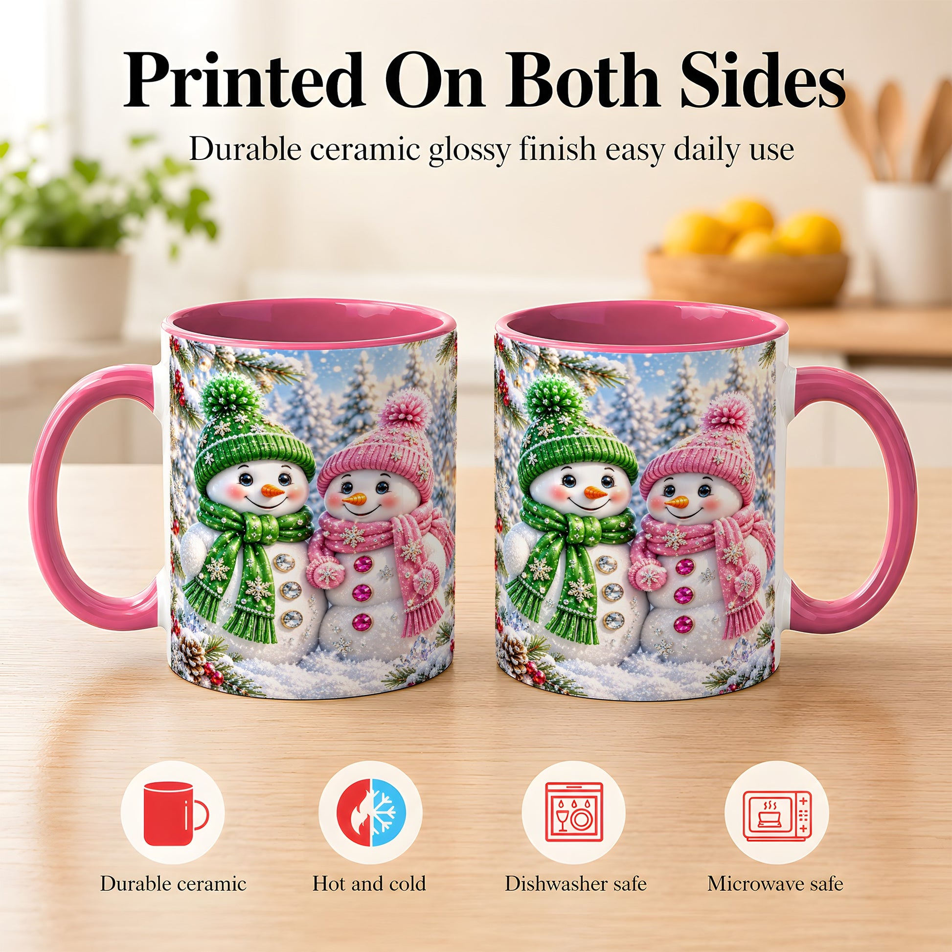 #pl[11oz|Pink] Snowman Couple Coffee Mug, Winter Snowflake Snowman Mug, Ceramic Cup