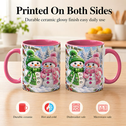 #pl[11oz|Pink] Snowman Couple Coffee Mug, Winter Snowflake Snowman Mug, Ceramic Cup