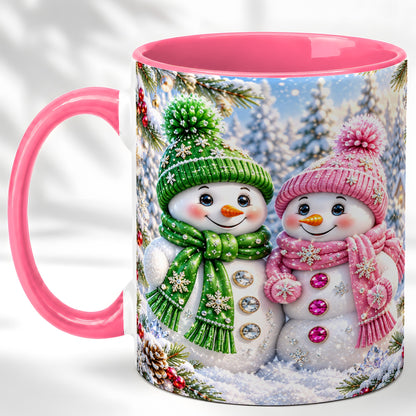 #pl[11oz|Pink] Snowman Couple Coffee Mug, Winter Snowflake Snowman Mug, Ceramic Cup