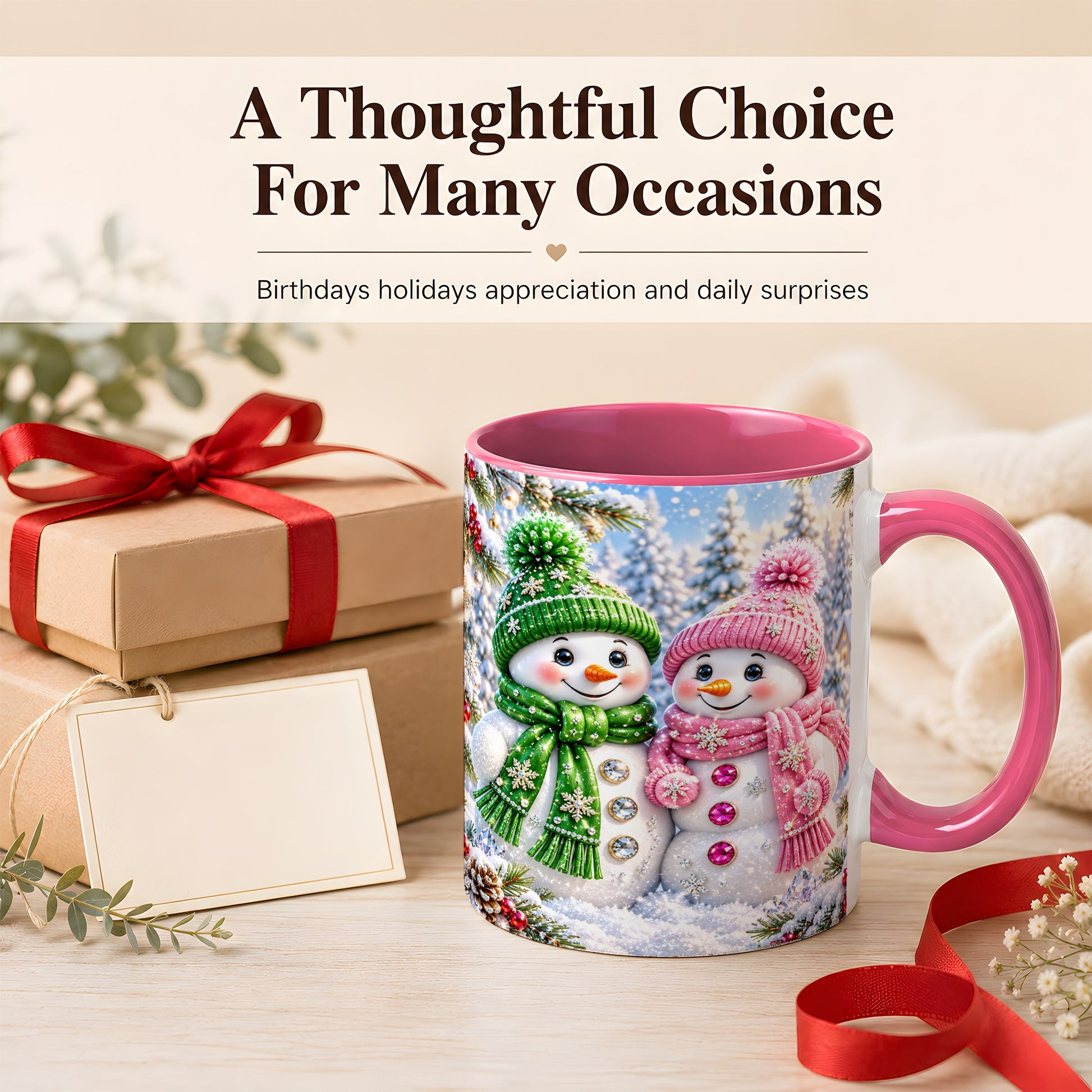 #pl[11oz|Pink] Snowman Couple Coffee Mug, Winter Snowflake Snowman Mug, Ceramic Cup