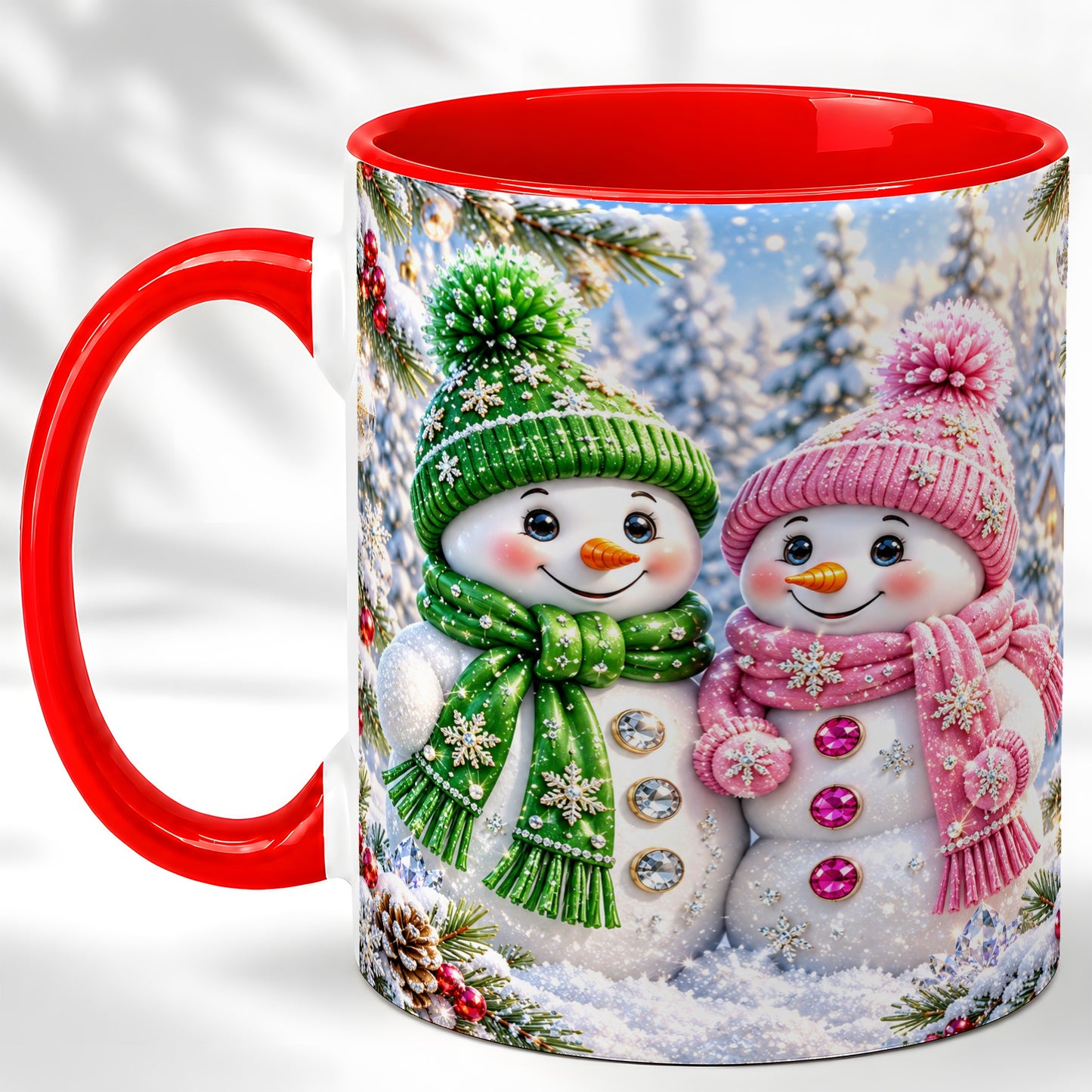 Snowman Couple Coffee Mug, Winter Snowflake Snowman Mug, Ceramic Cup