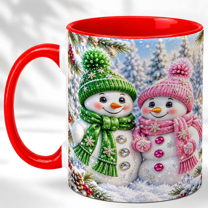 Snowman Couple Coffee Mug, Winter Snowflake Snowman Mug, Ceramic Cup