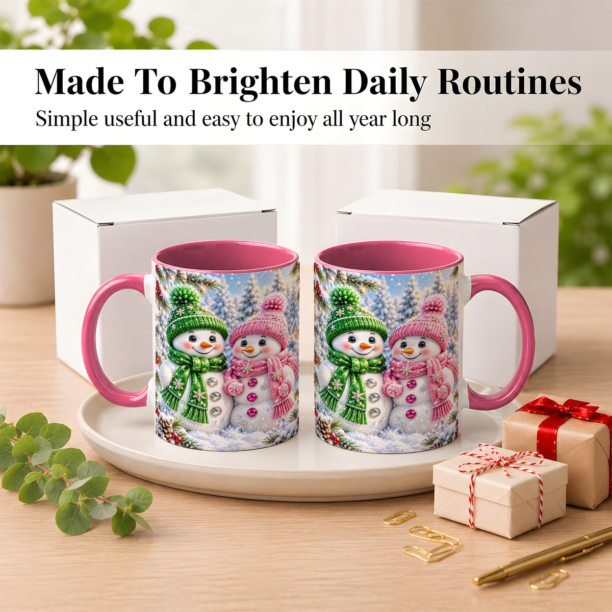 #pl[11oz|Pink] Snowman Couple Coffee Mug, Winter Snowflake Snowman Mug, Ceramic Cup