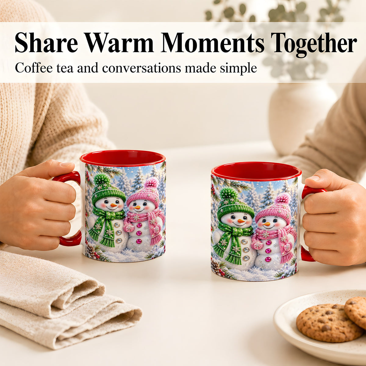 #pl[11oz|Red] Snowman Couple Coffee Mug, Winter Snowflake Snowman Mug, Ceramic Cup