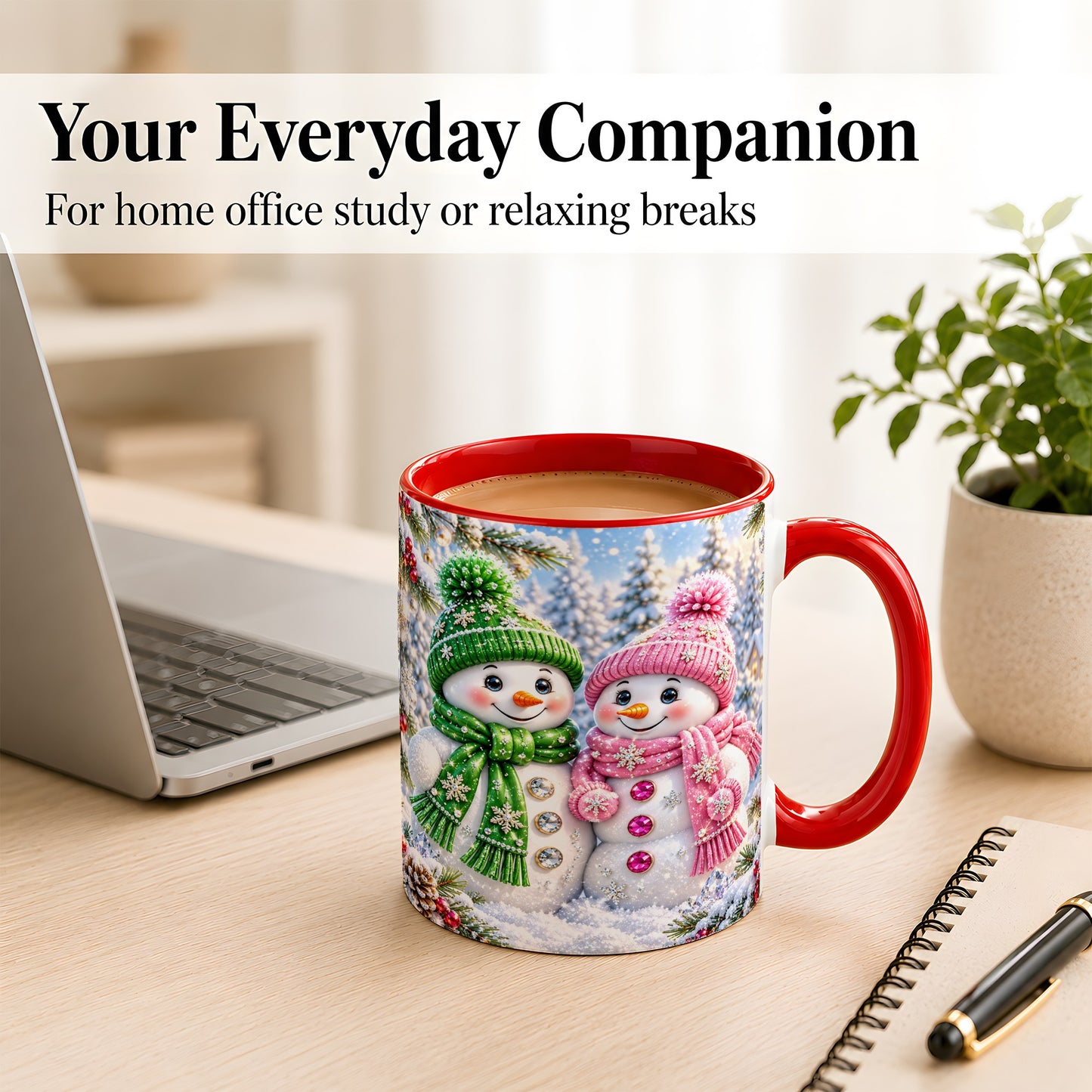 #pl[11oz|Red] Snowman Couple Coffee Mug, Winter Snowflake Snowman Mug, Ceramic Cup
