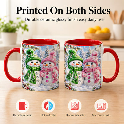 #pl[11oz|Red] Snowman Couple Coffee Mug, Winter Snowflake Snowman Mug, Ceramic Cup