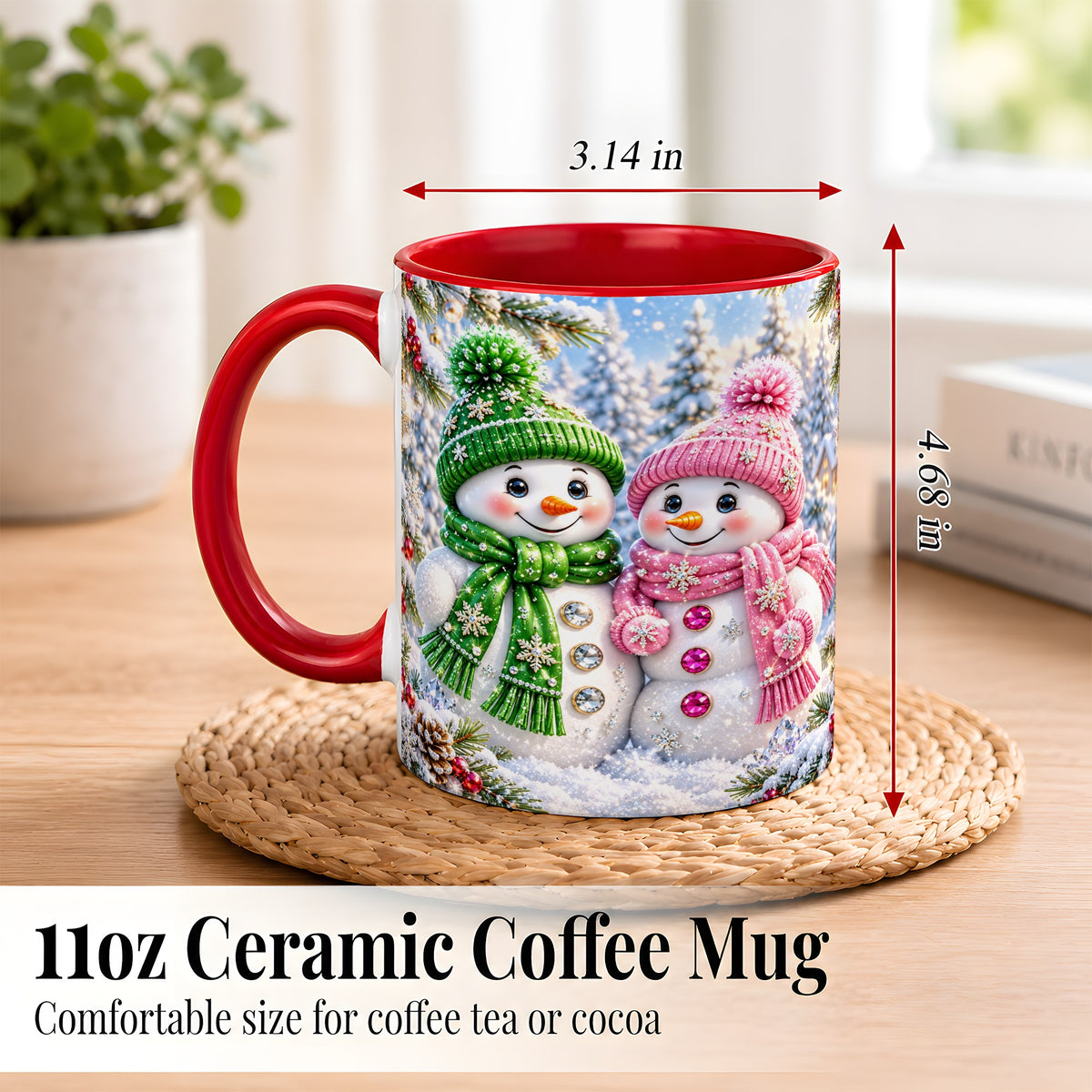 #pl[11oz|Red] Snowman Couple Coffee Mug, Winter Snowflake Snowman Mug, Ceramic Cup