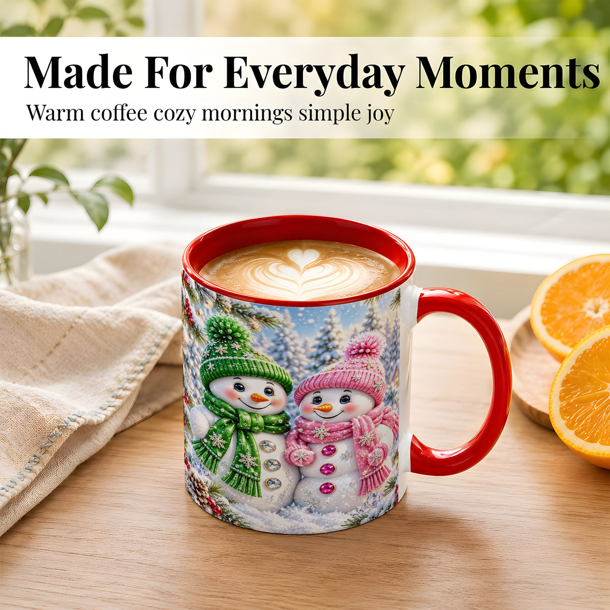 #pl[11oz|Red] Snowman Couple Coffee Mug, Winter Snowflake Snowman Mug, Ceramic Cup