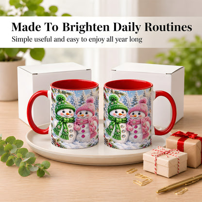 #pl[11oz|Red] Snowman Couple Coffee Mug, Winter Snowflake Snowman Mug, Ceramic Cup