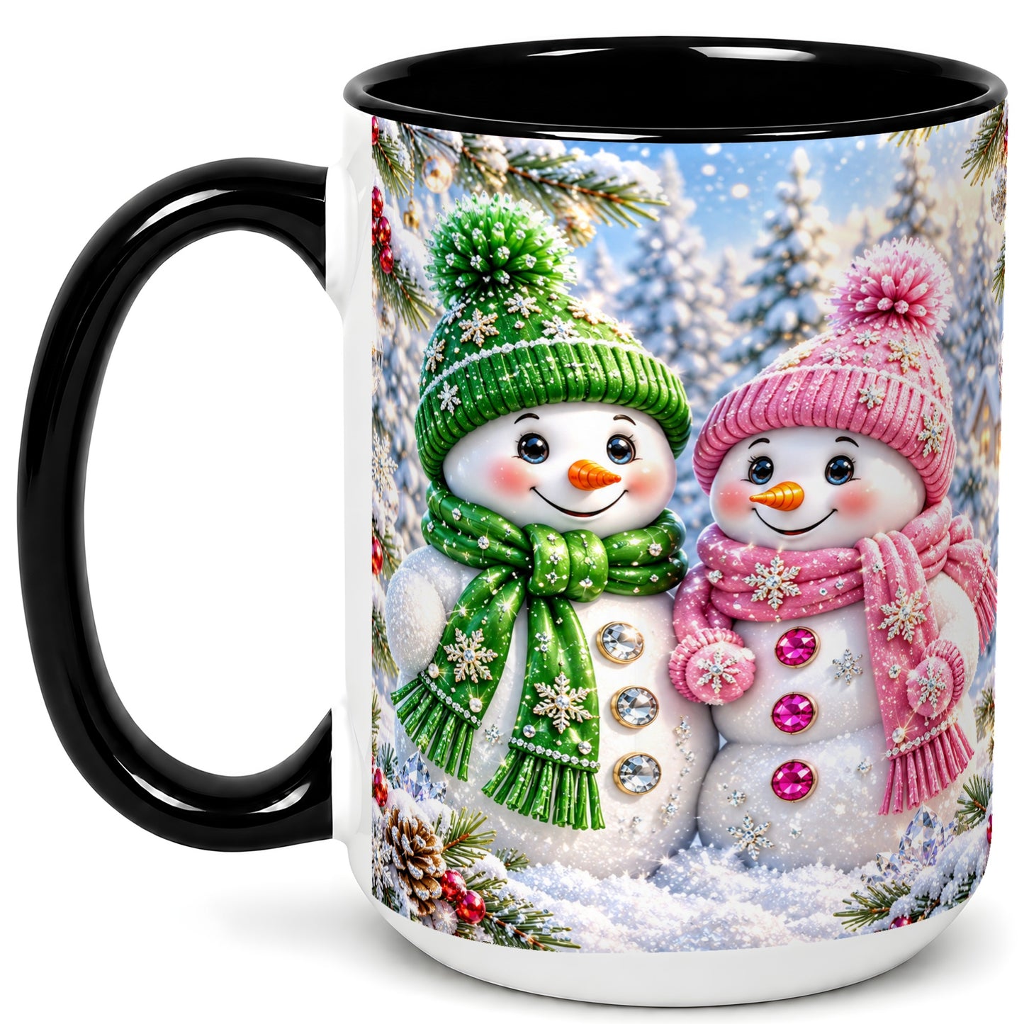 #pl[15oz|Black] Snowman Couple Coffee Mug, Winter Snowflake Snowman Mug, Ceramic Cup