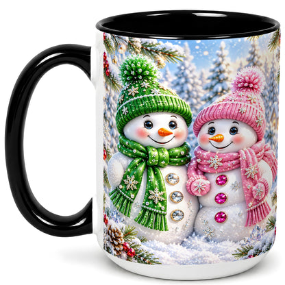 #pl[15oz|Black] Snowman Couple Coffee Mug, Winter Snowflake Snowman Mug, Ceramic Cup