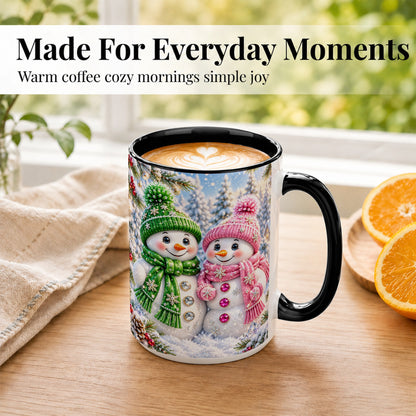 #pl[15oz|Black] Snowman Couple Coffee Mug, Winter Snowflake Snowman Mug, Ceramic Cup