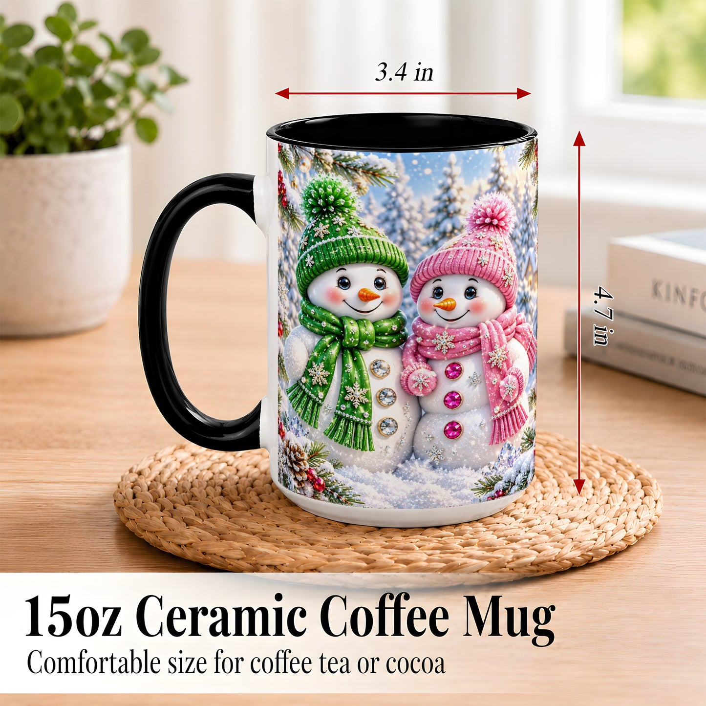 #pl[15oz|Black] Snowman Couple Coffee Mug, Winter Snowflake Snowman Mug, Ceramic Cup