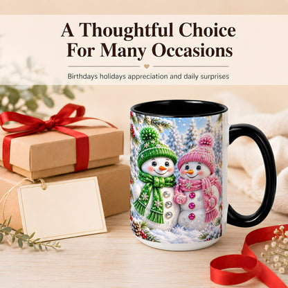 #pl[15oz|Black] Snowman Couple Coffee Mug, Winter Snowflake Snowman Mug, Ceramic Cup