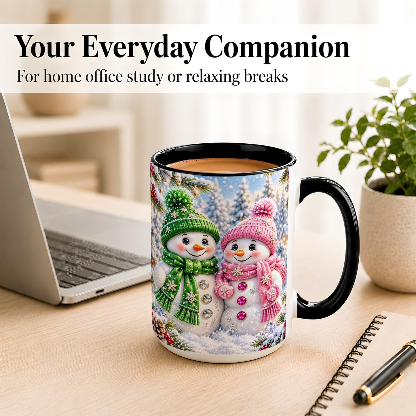 #pl[15oz|Black] Snowman Couple Coffee Mug, Winter Snowflake Snowman Mug, Ceramic Cup