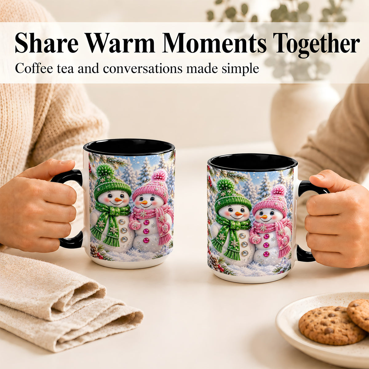 #pl[15oz|Black] Snowman Couple Coffee Mug, Winter Snowflake Snowman Mug, Ceramic Cup