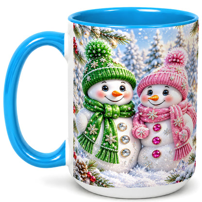#pl[15oz|Blue] Snowman Couple Coffee Mug, Winter Snowflake Snowman Mug, Ceramic Cup