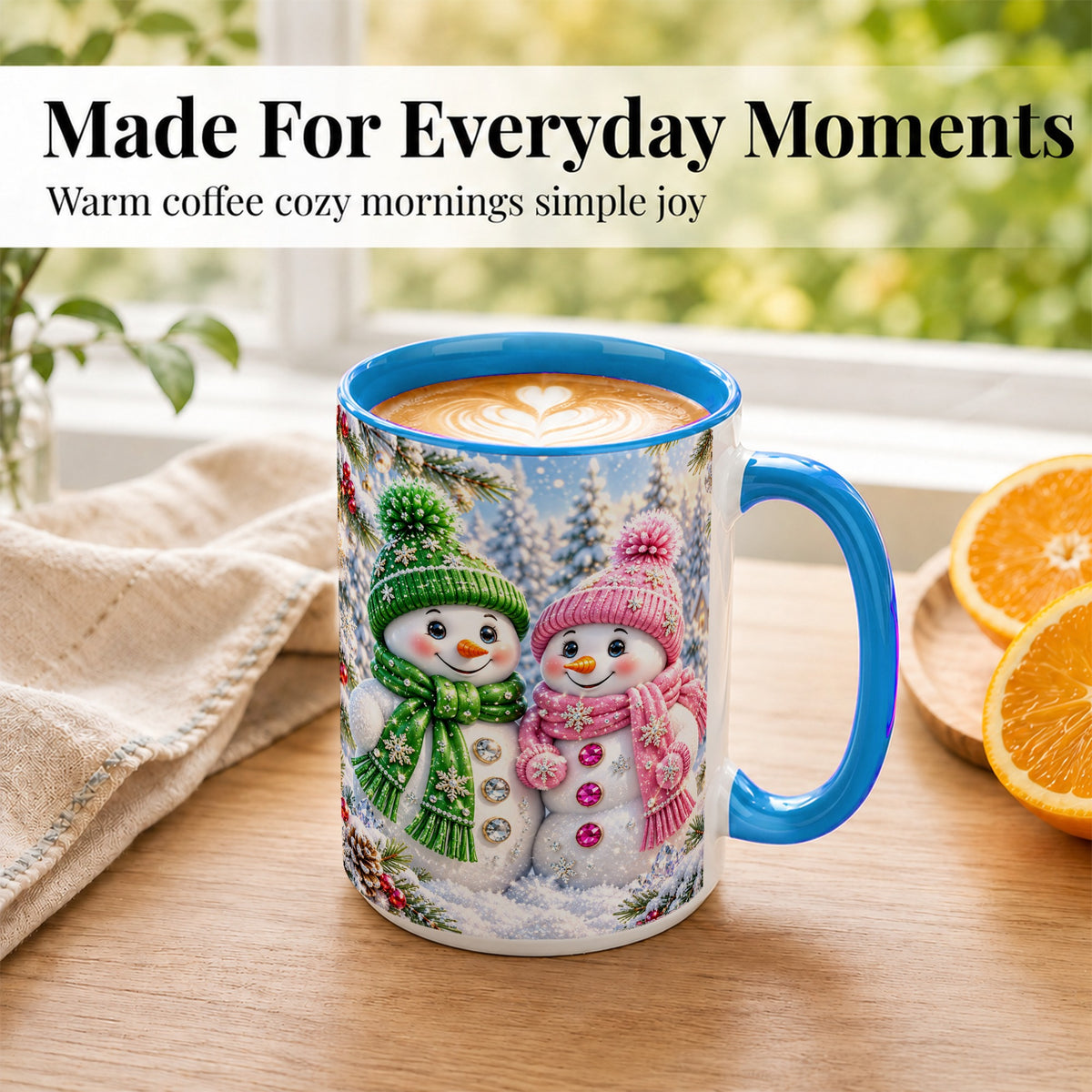 #pl[15oz|Blue] Snowman Couple Coffee Mug, Winter Snowflake Snowman Mug, Ceramic Cup
