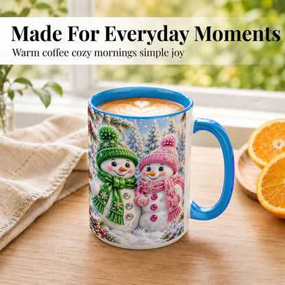 #pl[15oz|Blue] Snowman Couple Coffee Mug, Winter Snowflake Snowman Mug, Ceramic Cup