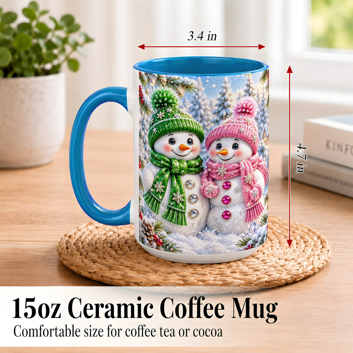 #pl[15oz|Blue] Snowman Couple Coffee Mug, Winter Snowflake Snowman Mug, Ceramic Cup