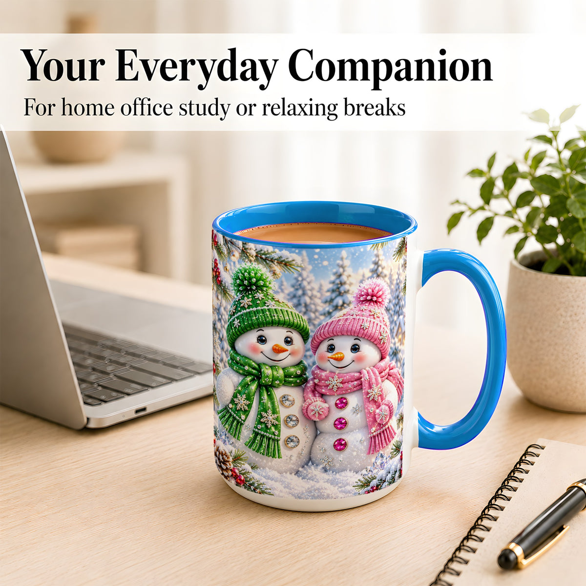 #pl[15oz|Blue] Snowman Couple Coffee Mug, Winter Snowflake Snowman Mug, Ceramic Cup