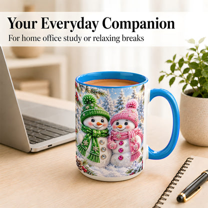 #pl[15oz|Blue] Snowman Couple Coffee Mug, Winter Snowflake Snowman Mug, Ceramic Cup
