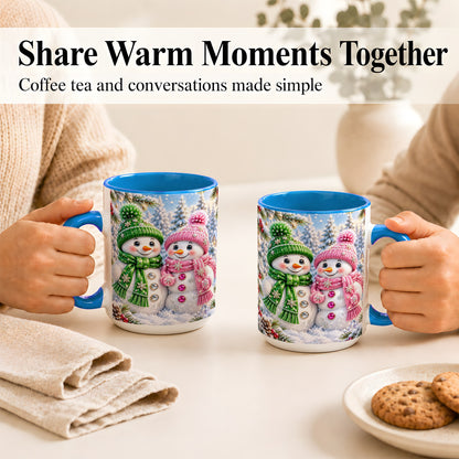 #pl[15oz|Blue] Snowman Couple Coffee Mug, Winter Snowflake Snowman Mug, Ceramic Cup