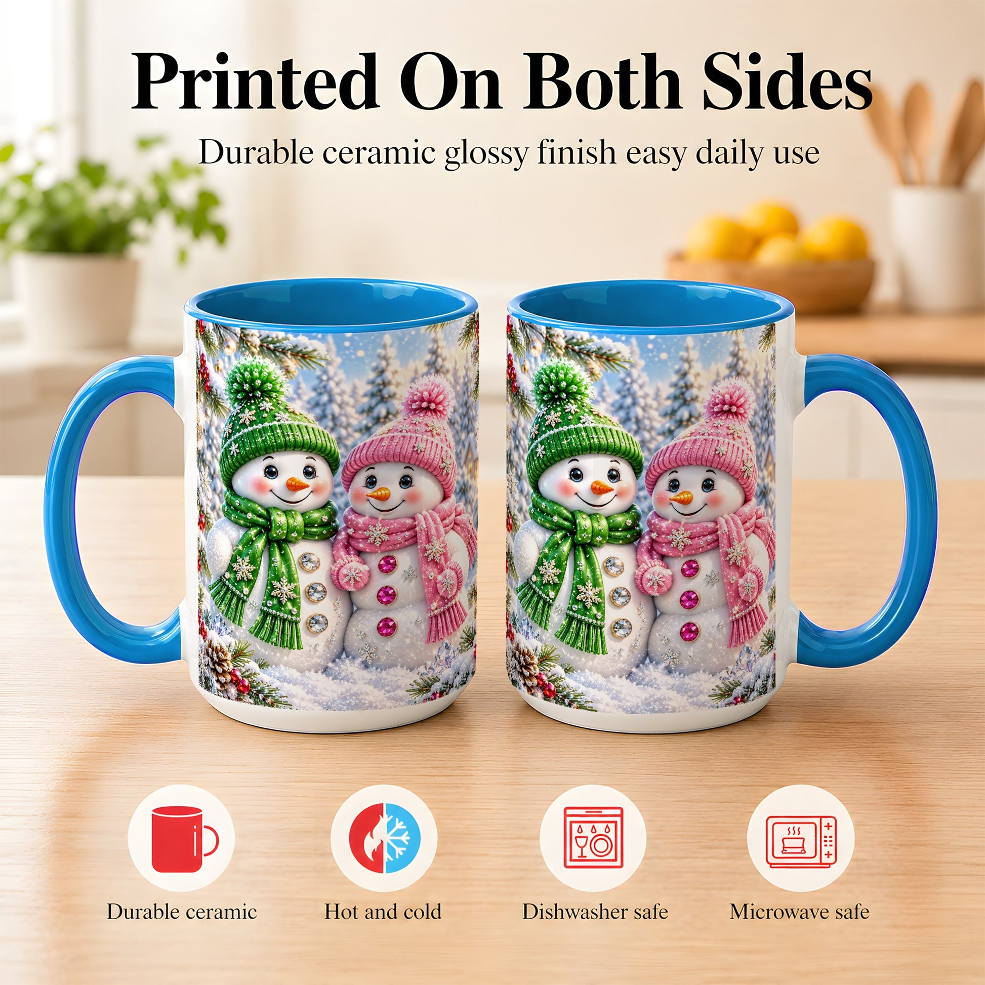 #pl[15oz|Blue] Snowman Couple Coffee Mug, Winter Snowflake Snowman Mug, Ceramic Cup