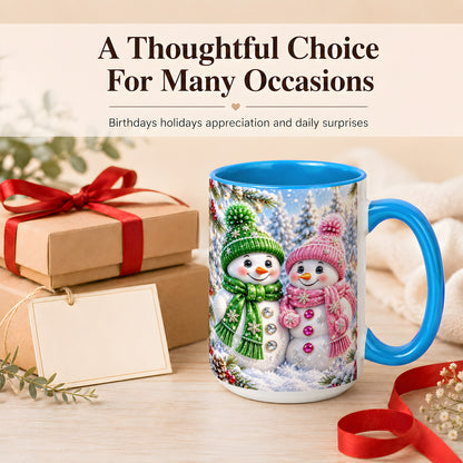 #pl[15oz|Blue] Snowman Couple Coffee Mug, Winter Snowflake Snowman Mug, Ceramic Cup