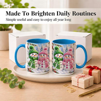 #pl[15oz|Blue] Snowman Couple Coffee Mug, Winter Snowflake Snowman Mug, Ceramic Cup
