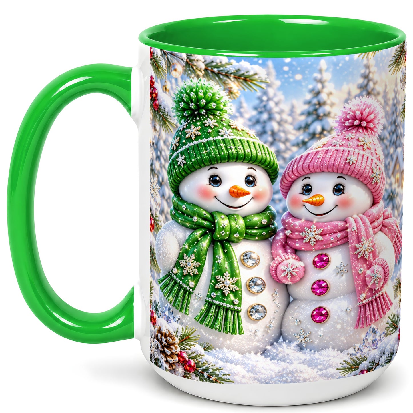 #pl[15oz|Green] Snowman Couple Coffee Mug, Winter Snowflake Snowman Mug, Ceramic Cup