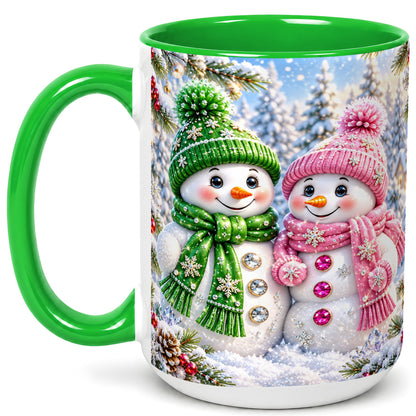 #pl[15oz|Green] Snowman Couple Coffee Mug, Winter Snowflake Snowman Mug, Ceramic Cup