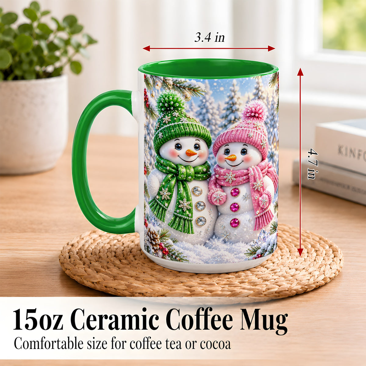 #pl[15oz|Green] Snowman Couple Coffee Mug, Winter Snowflake Snowman Mug, Ceramic Cup