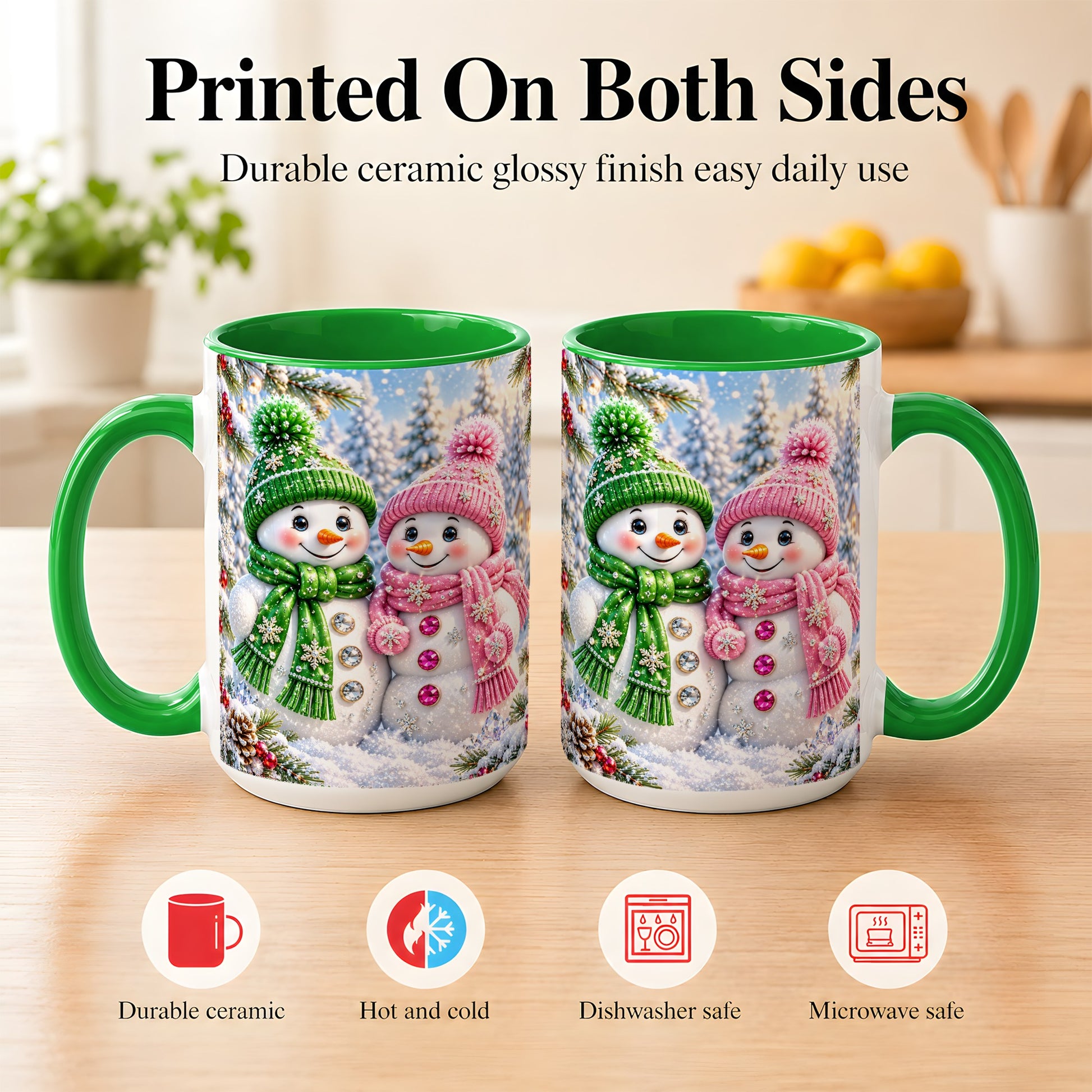 #pl[15oz|Green] Snowman Couple Coffee Mug, Winter Snowflake Snowman Mug, Ceramic Cup