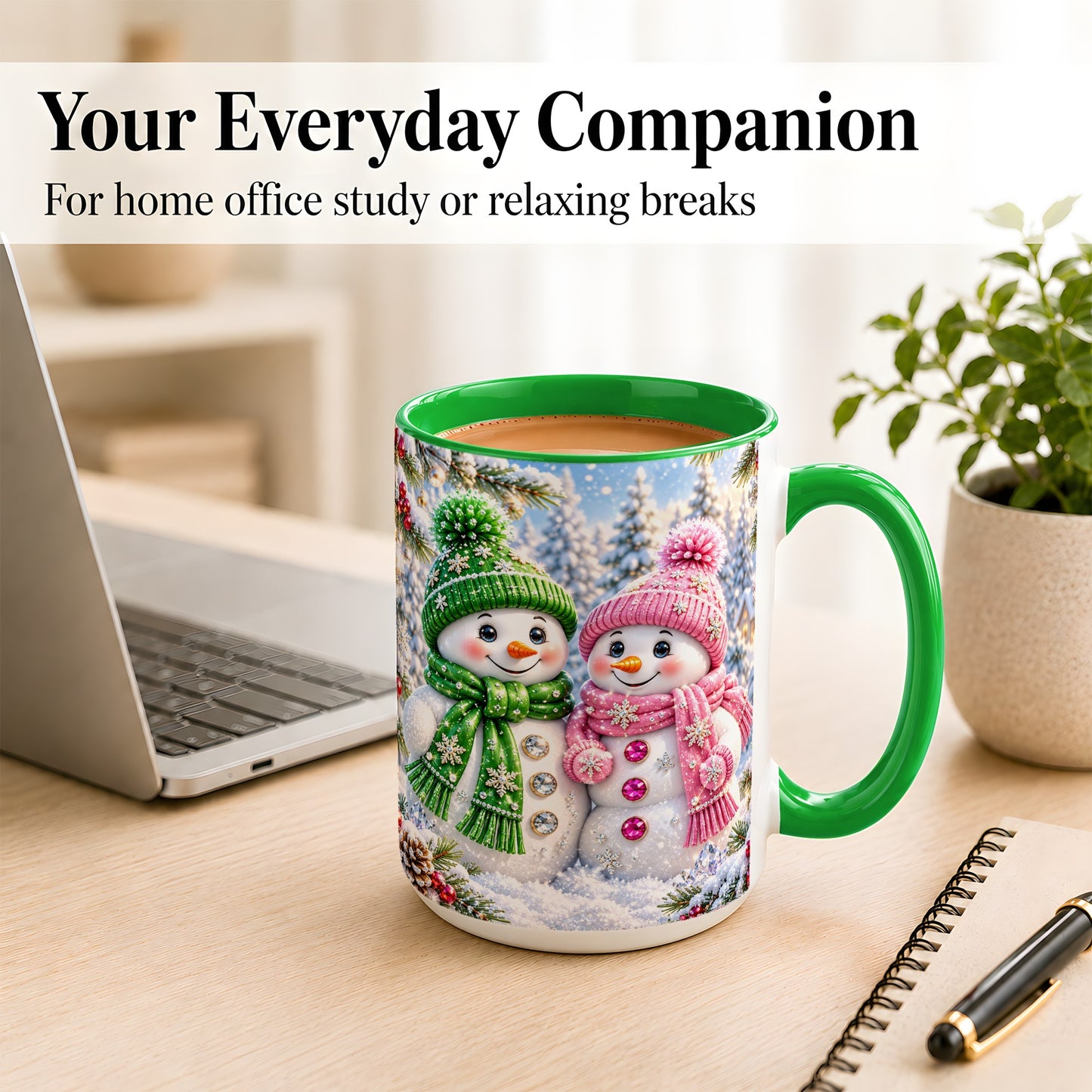 #pl[15oz|Green] Snowman Couple Coffee Mug, Winter Snowflake Snowman Mug, Ceramic Cup