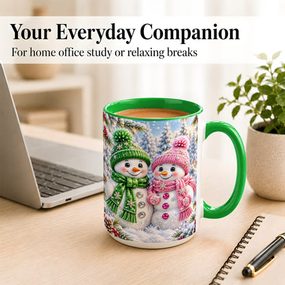 #pl[15oz|Green] Snowman Couple Coffee Mug, Winter Snowflake Snowman Mug, Ceramic Cup