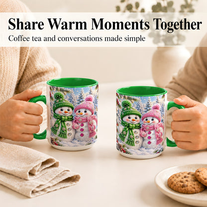 #pl[15oz|Green] Snowman Couple Coffee Mug, Winter Snowflake Snowman Mug, Ceramic Cup