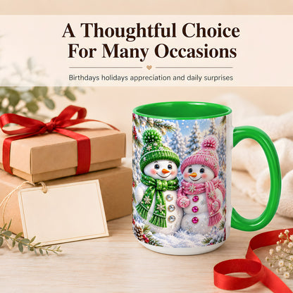 #pl[15oz|Green] Snowman Couple Coffee Mug, Winter Snowflake Snowman Mug, Ceramic Cup