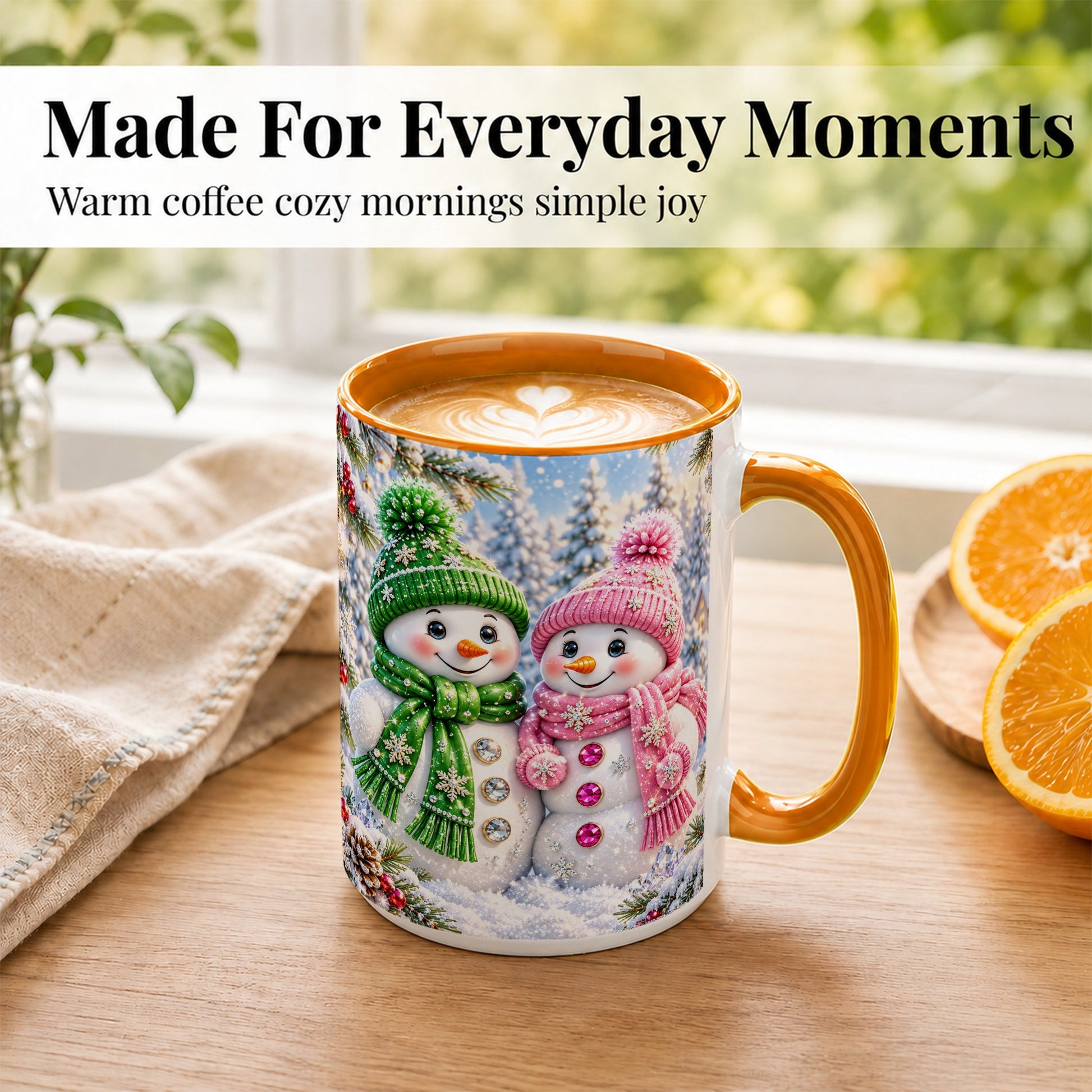 #pl[15oz|Orange] Snowman Couple Coffee Mug, Winter Snowflake Snowman Mug, Ceramic Cup