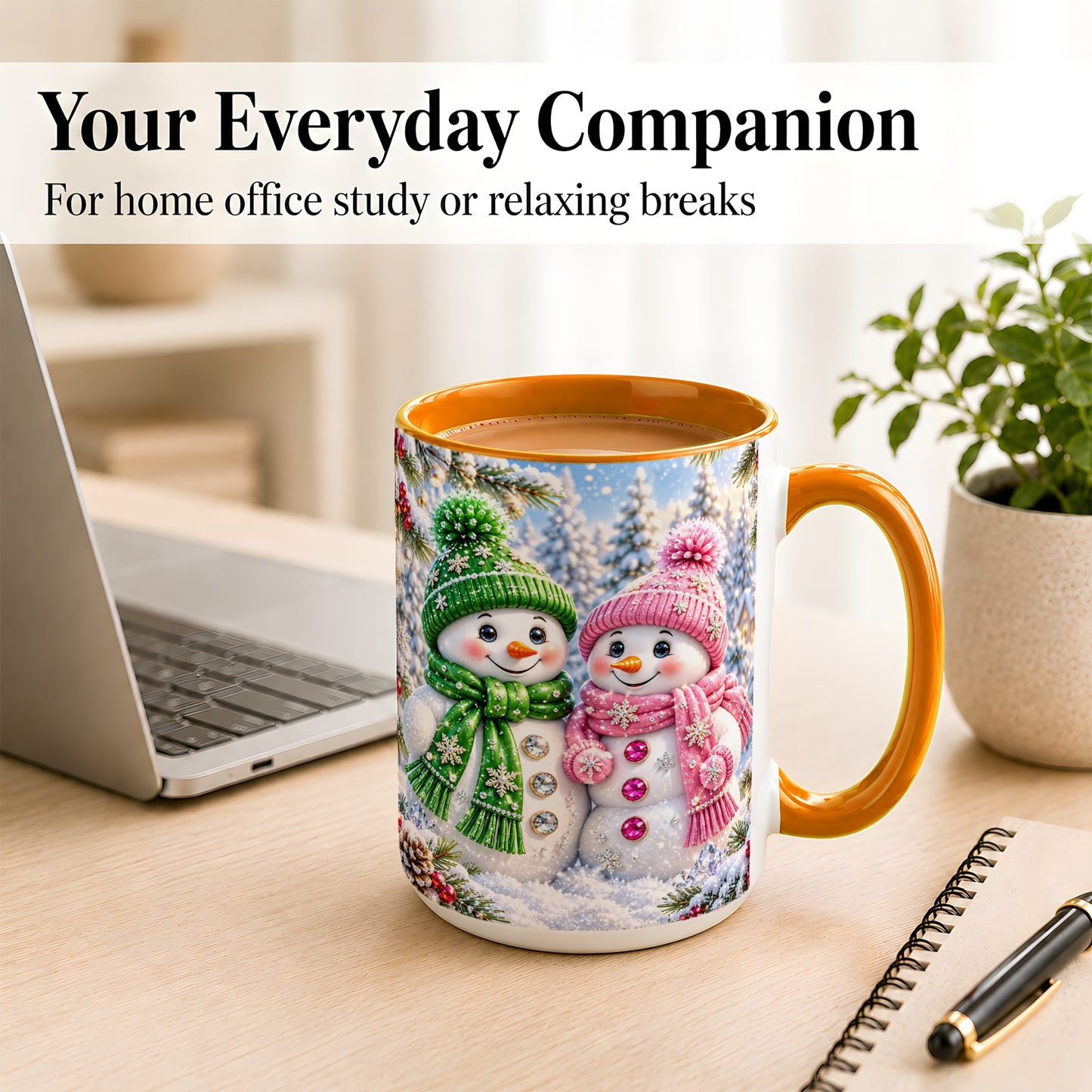 #pl[15oz|Orange] Snowman Couple Coffee Mug, Winter Snowflake Snowman Mug, Ceramic Cup