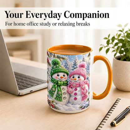 #pl[15oz|Orange] Snowman Couple Coffee Mug, Winter Snowflake Snowman Mug, Ceramic Cup