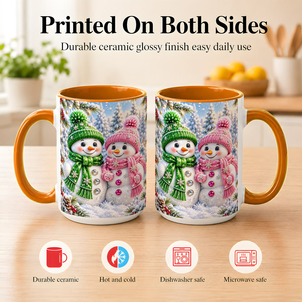 #pl[15oz|Orange] Snowman Couple Coffee Mug, Winter Snowflake Snowman Mug, Ceramic Cup