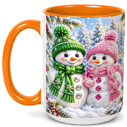 #pl[15oz|Orange] Snowman Couple Coffee Mug, Winter Snowflake Snowman Mug, Ceramic Cup