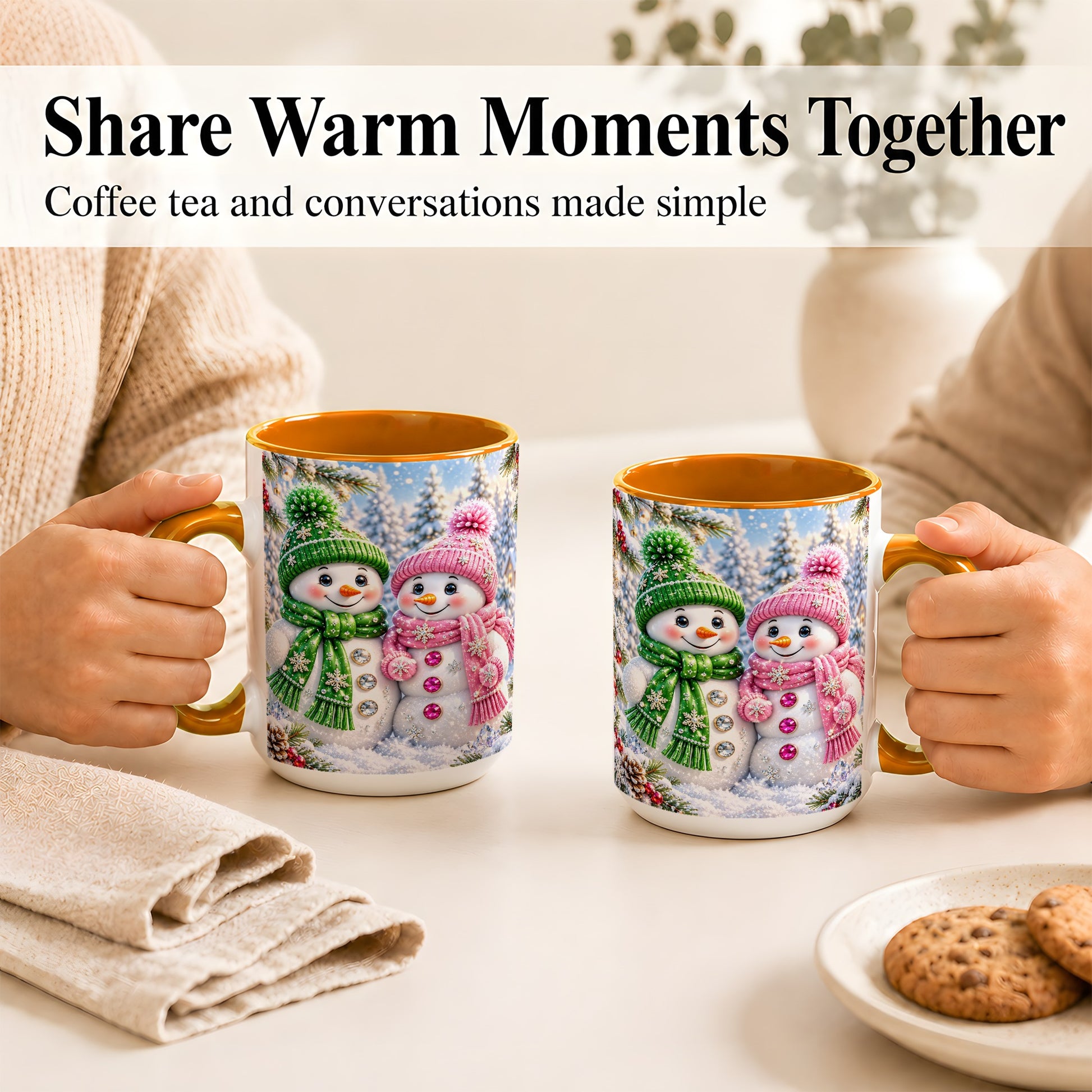#pl[15oz|Orange] Snowman Couple Coffee Mug, Winter Snowflake Snowman Mug, Ceramic Cup