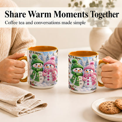 #pl[15oz|Orange] Snowman Couple Coffee Mug, Winter Snowflake Snowman Mug, Ceramic Cup