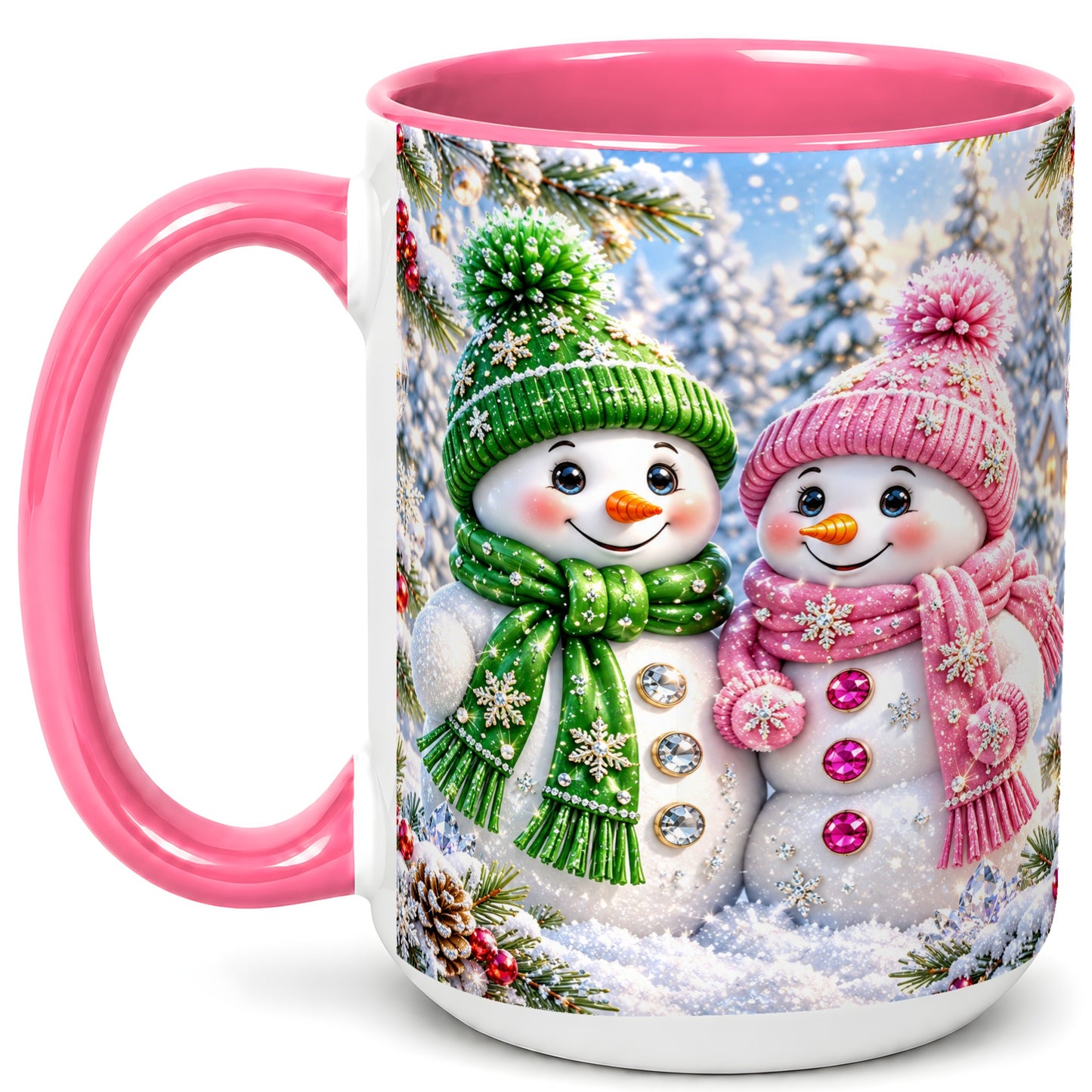 #pl[15oz|Pink] Snowman Couple Coffee Mug, Winter Snowflake Snowman Mug, Ceramic Cup