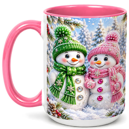 #pl[15oz|Pink] Snowman Couple Coffee Mug, Winter Snowflake Snowman Mug, Ceramic Cup