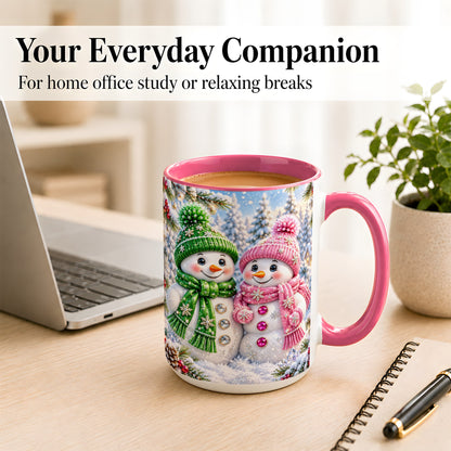 #pl[15oz|Pink] Snowman Couple Coffee Mug, Winter Snowflake Snowman Mug, Ceramic Cup