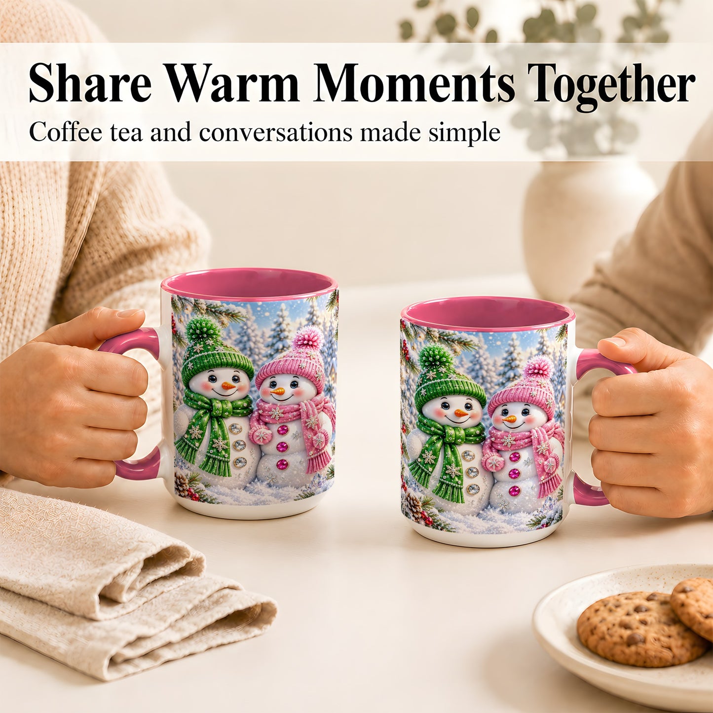 #pl[15oz|Pink] Snowman Couple Coffee Mug, Winter Snowflake Snowman Mug, Ceramic Cup