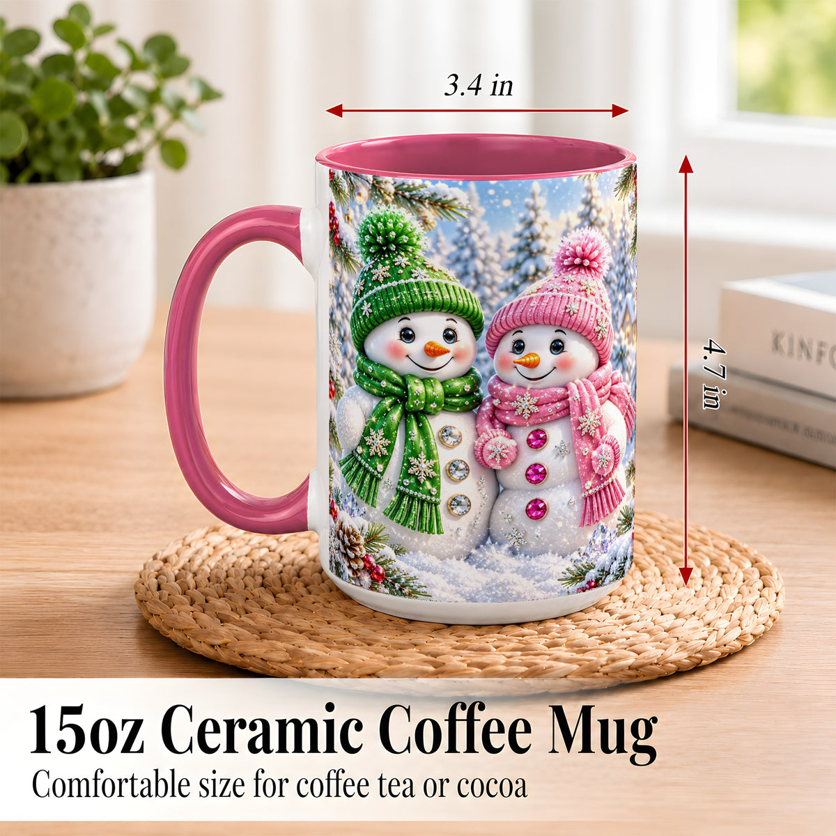 #pl[15oz|Pink] Snowman Couple Coffee Mug, Winter Snowflake Snowman Mug, Ceramic Cup